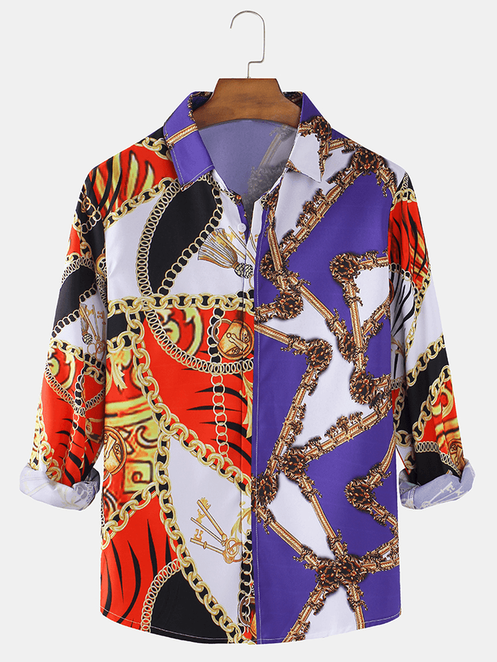 Design Chain Print Patchwork Long Sleeve Ethnic Shirts - MRSLM