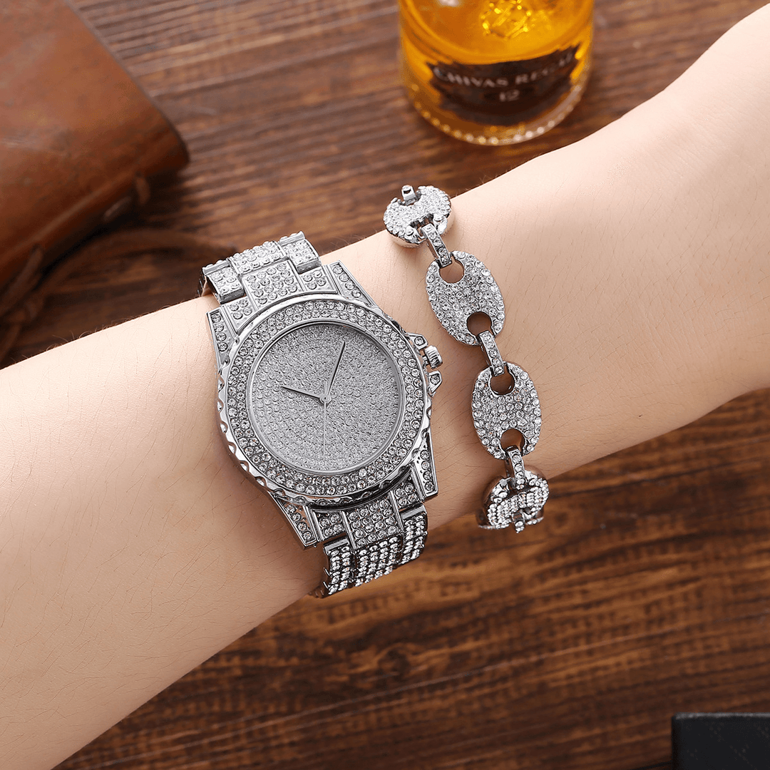 XSVO 3Pcs Full Diamond Steel Band Hip Hop Temperament Quartz Watch Rhinestone Bracelet Necklace Set - MRSLM