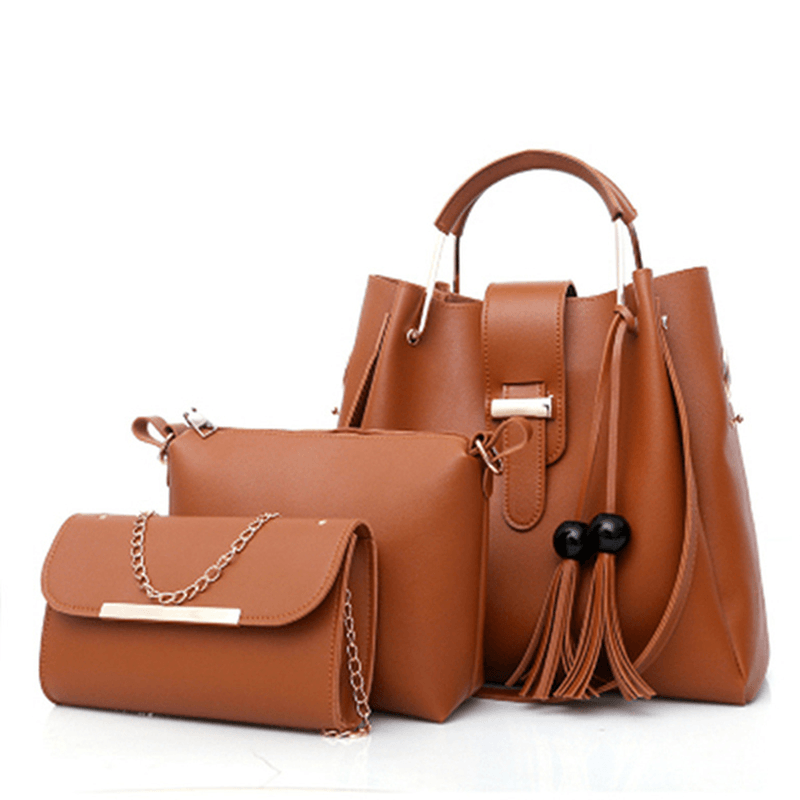 Women Faux Leather Three-Piece Set Tassel Handbag Crossbody Bag Clutch Bag - MRSLM