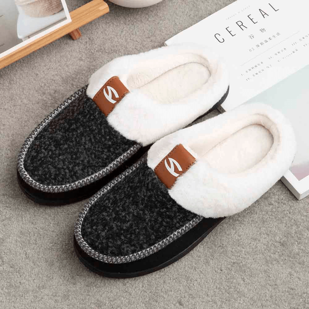 Men Lamb Wool Soft Sole Non-Slip plus Velvet Thicken Winter Warm Home Cotton Slippers - MRSLM