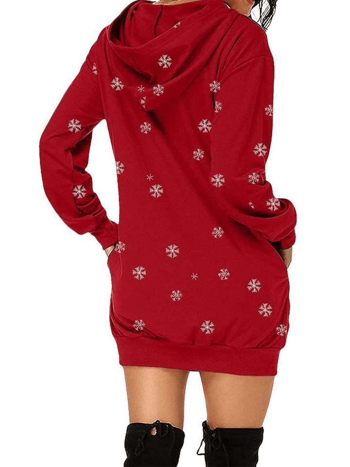 Women Christmas Santa Claus Pattern Side Pockets Long Sleeve Casual Hooded Sweatshirt - MRSLM