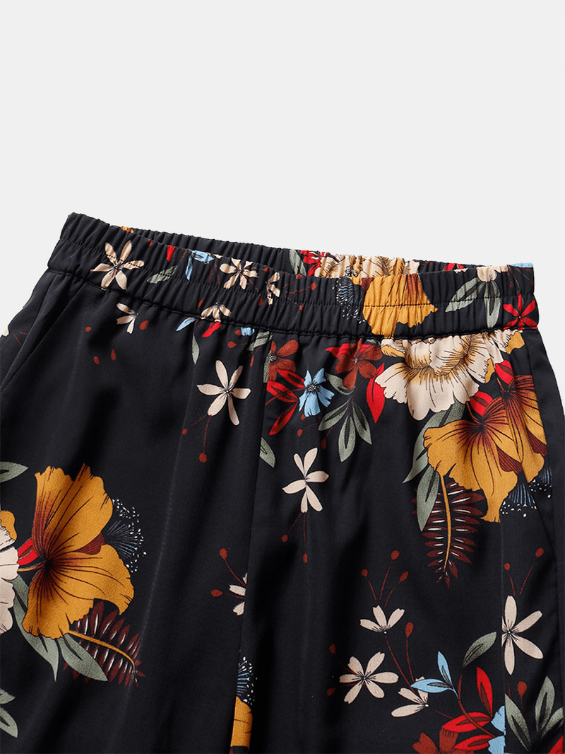 Women Floral Print Bohemian Tie Cuff Pants with Pocket - MRSLM