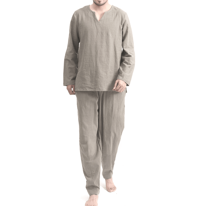 TWO-SIDED Mens Cotton Comfy Soft Solid Color Long Sleeve Sleepwear Set Yoga Pajamas Set - MRSLM