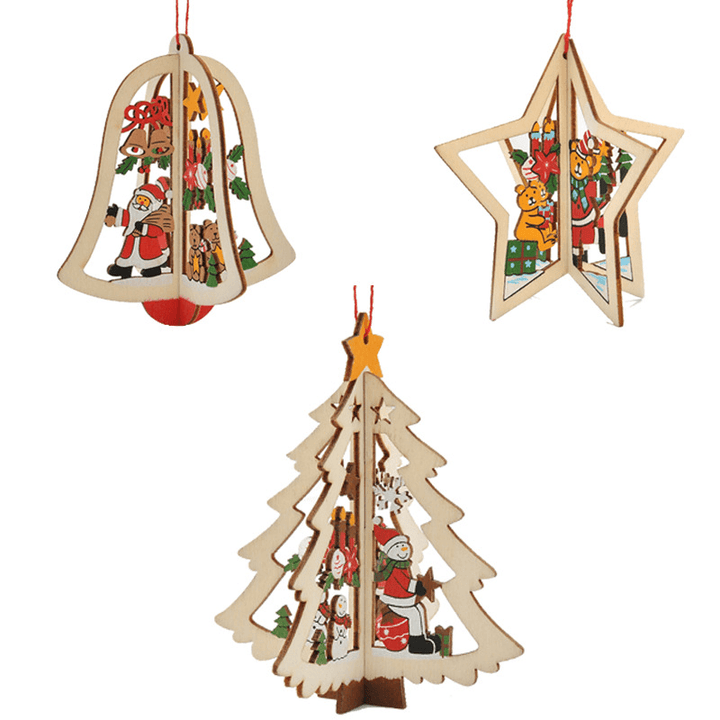 Christmas 3D Wooden Pendant Star Bell Tree Hang Ornaments Home Party Decorations Kids Gifts - MRSLM