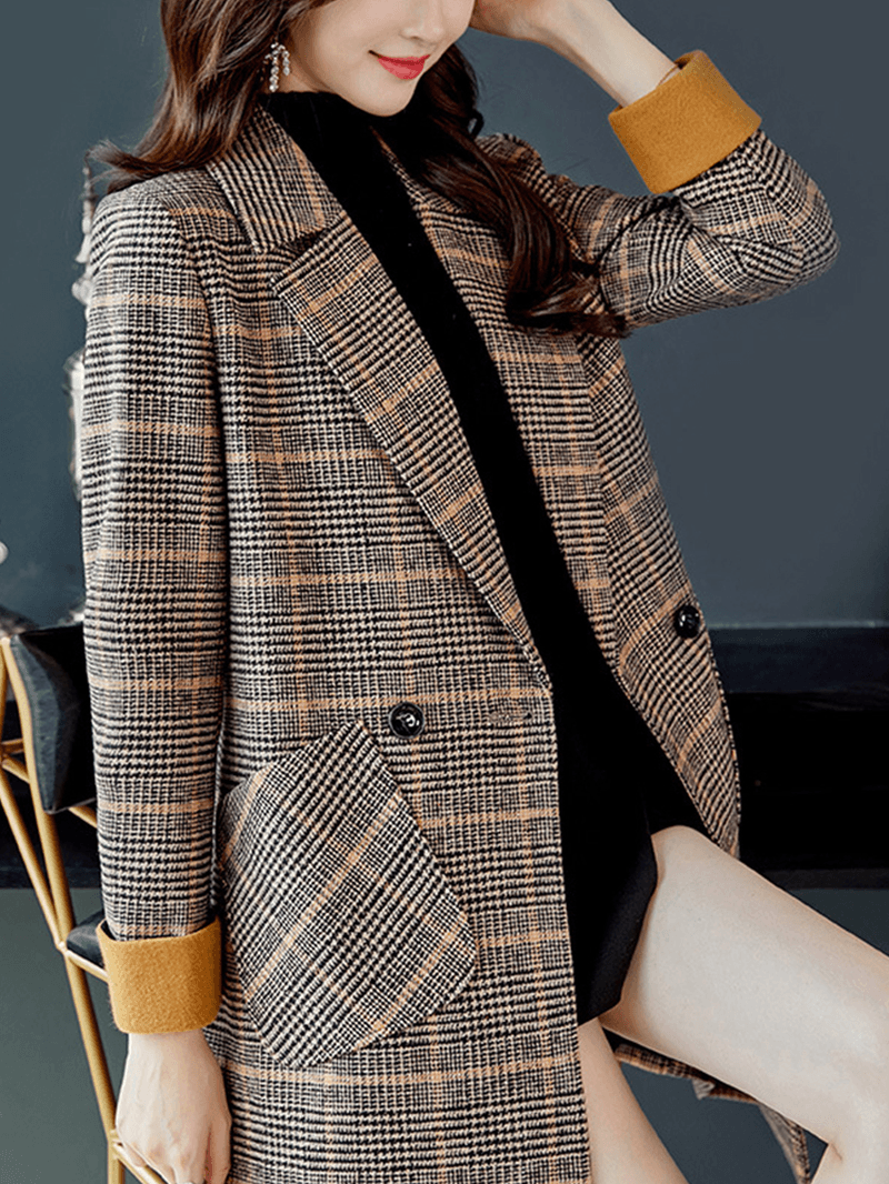 Women Classic Plaid Double Breasted Long Sleeve Coat with Pocket - MRSLM