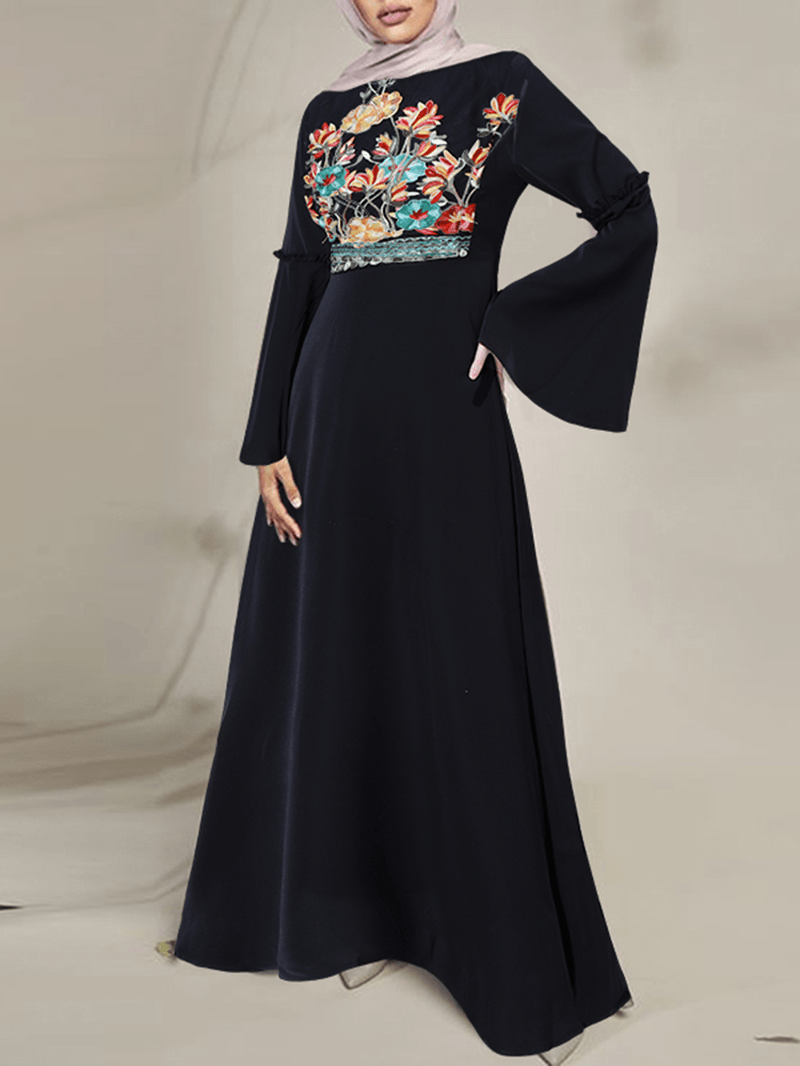 Floral Embroidery Lace Patchwork Flare Sleeve Back Zipper Bohemian Maxi Dress for Women - MRSLM