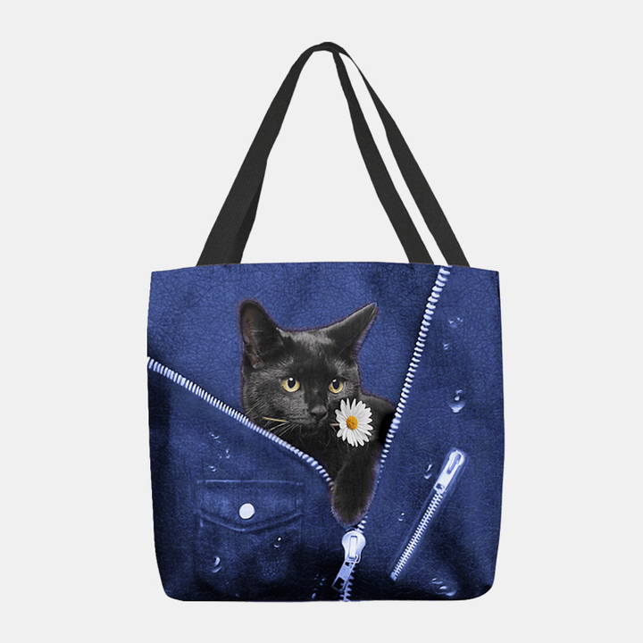 Women Canvas Cute Three-Dimensional 3D Black Cat with Flower Pattern Shoulder Bag Handbag Tote - MRSLM