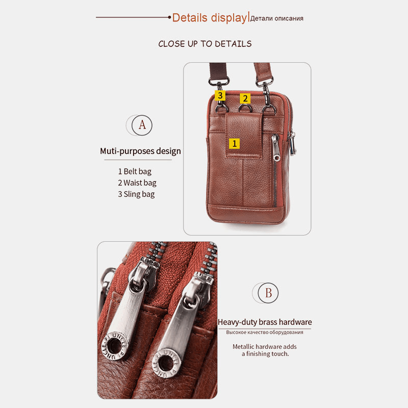 Men Genuine Leather Cowhide Multi-Carry Retro 7.2 Inch Phone Crossbody Bag Hanging Belt Bag Waist Bag - MRSLM