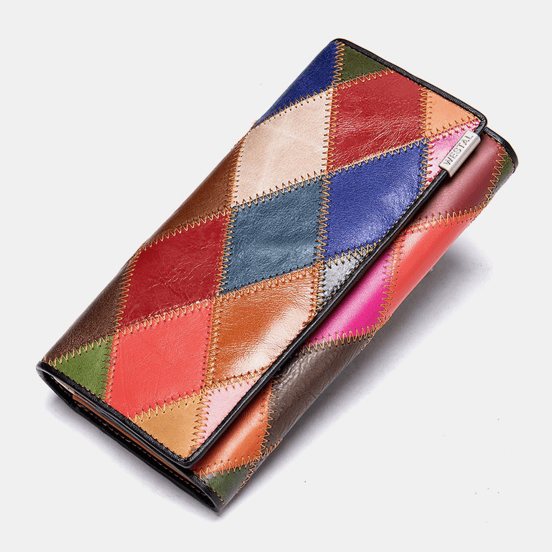 Women Genuine Leather Bifold Colored Geometric Pattern Multi-Card Slot Card Case Money Clip Coin Purse Long Clutch Wallets - MRSLM