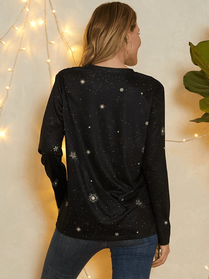 Women Capricorn Galaxy Print round Neck Long Sleeve Casual Blouses - MRSLM