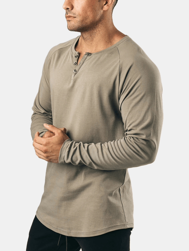 Mens Cotton Solid Color Button round Neck Long Sleeve Basic T-Shirt - MRSLM