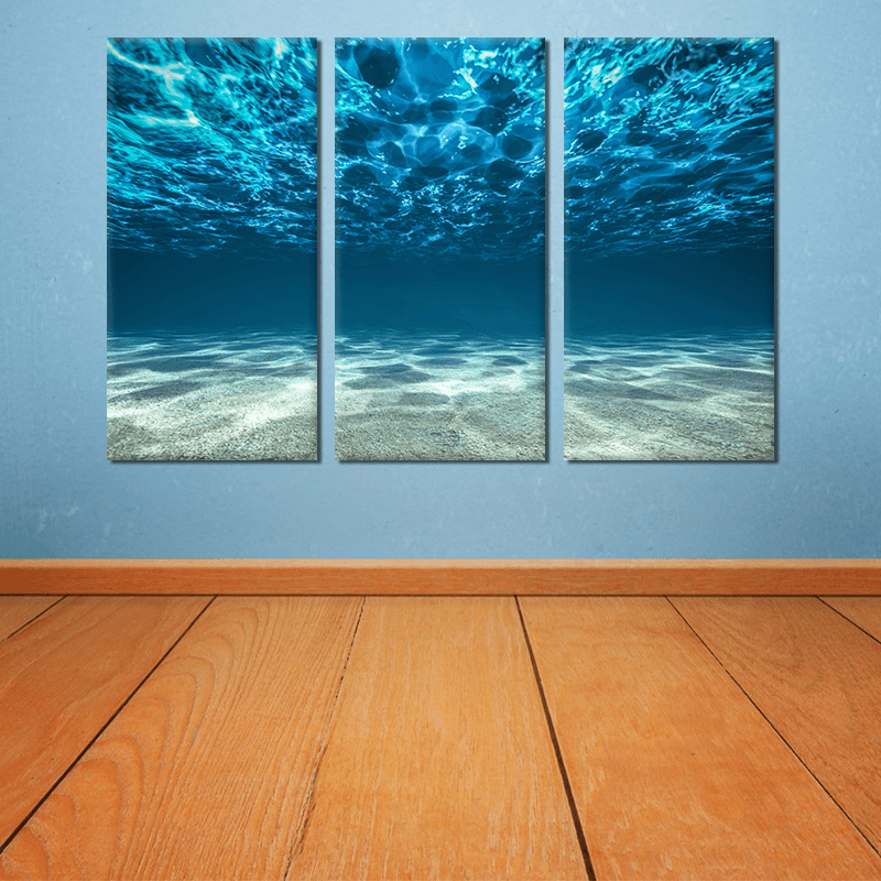 Miico Hand Painted Three Combination Decorative Paintings Light Blue Seawater Wall Art for Home Decoration - MRSLM