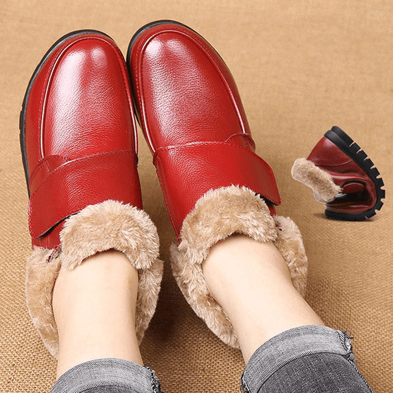 Genuine Leather Cotton Shoes Casual Slip on Fur Lining Boots - MRSLM