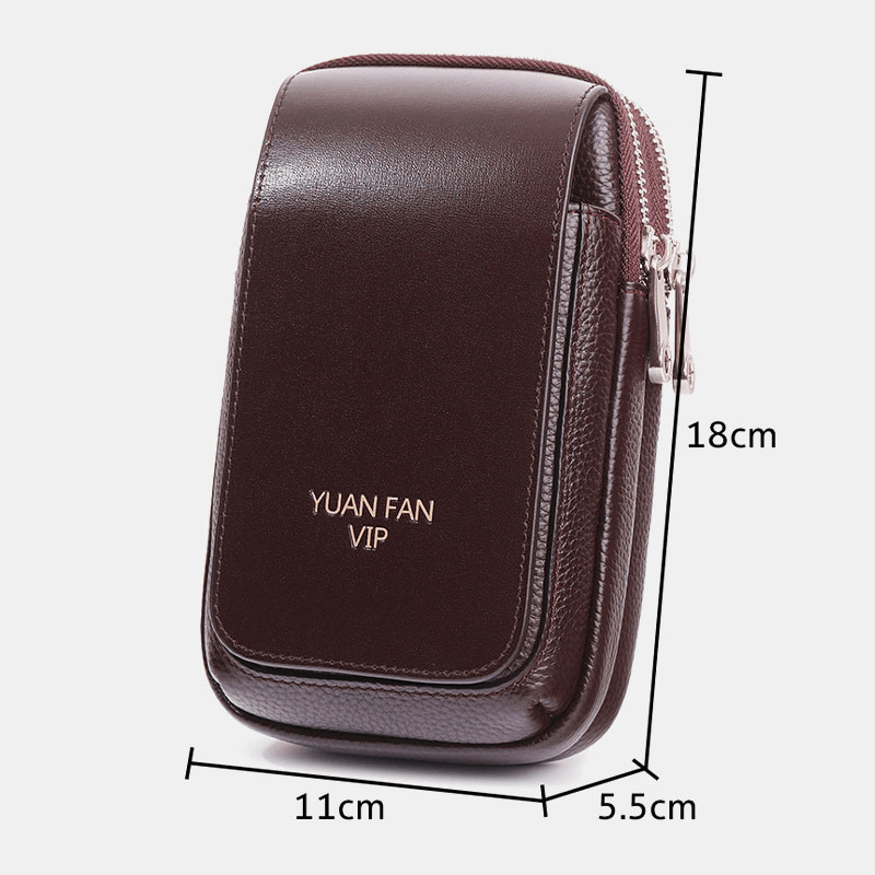 Men Genuine Leather Double Layer Large Capacity Waist Bag Retro Mini 6.5 Inch Phone Bag Belt Bag - MRSLM