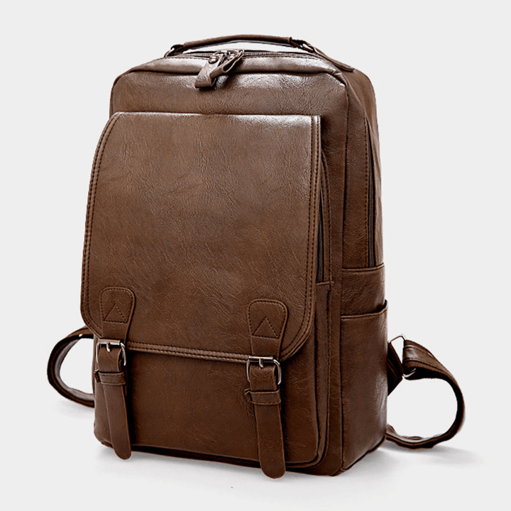 Men PU Leather Vintage Business Waterproof Wear-Resistant Large Capacity 15.6 Inch Laptop Bag Backpack - MRSLM