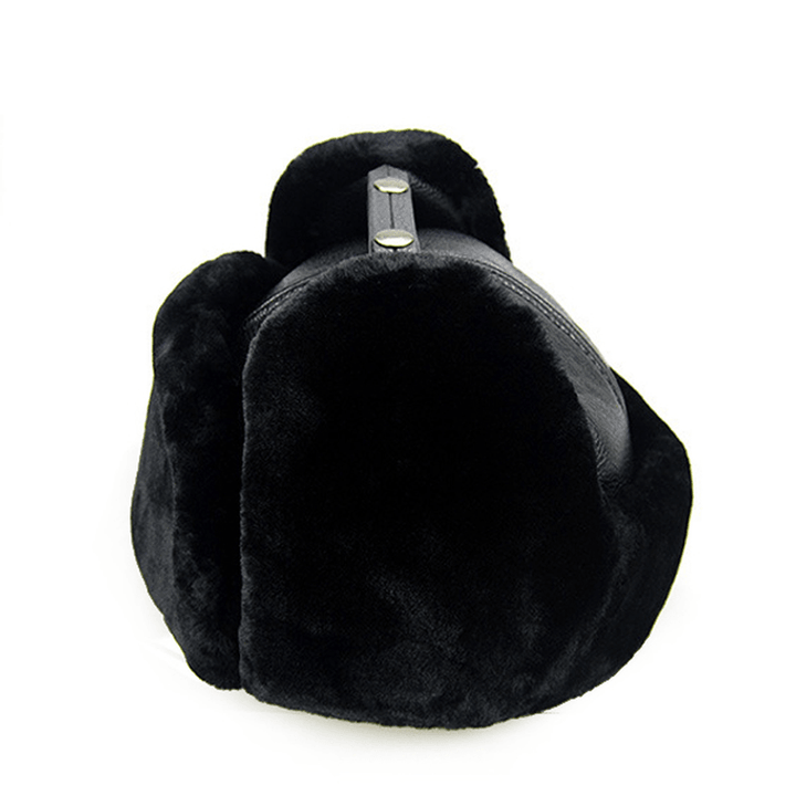 Unisex PU Leather Earflap Ear Muff Hat Faux Fur Plush Linen Buckle Pilot Trapper Cap - MRSLM