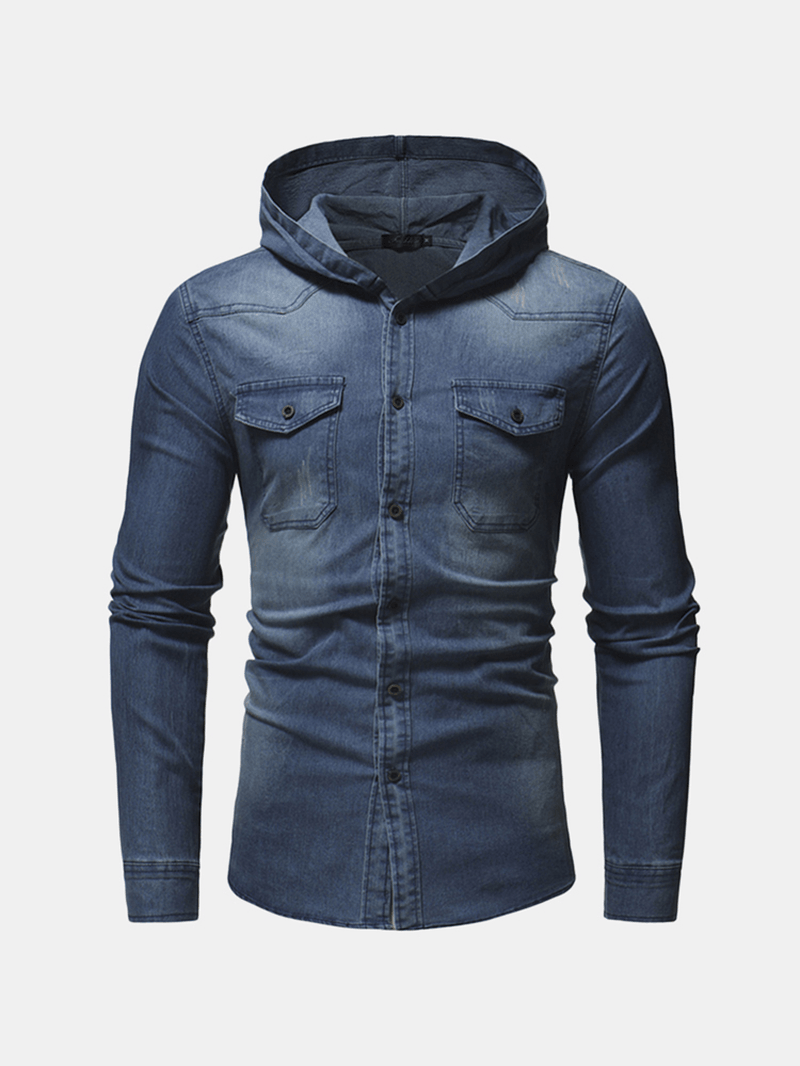 Mens Denim Chest Pocket Cotton Casual Hooded Shirt Jacket - MRSLM