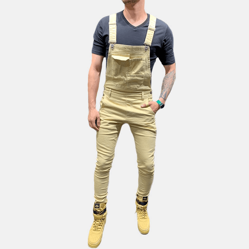 Men Solid Color Big Pocket Retro Denim Pants Jumpsuit - MRSLM