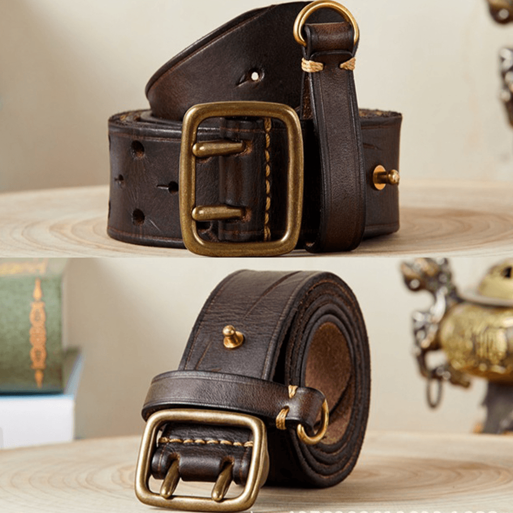 Men Genuine Leather Hollow 120CM Retro Double Pin Buckle Matte Breathable Jeans Suits Belt - MRSLM