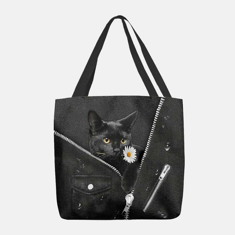 Women Canvas Cute Three-Dimensional 3D Black Cat with Flower Pattern Shoulder Bag Handbag Tote - MRSLM