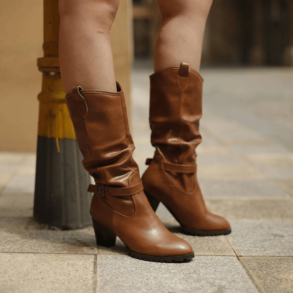 Women Large Size Buckle Belt Decor Mid Calf Chunky Heel Riding Boots - MRSLM