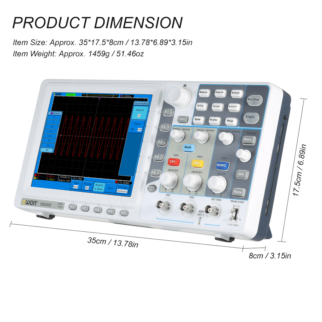 Owon EDS202E/EDS202E-V 2-CH 100Mhz 1Gs/S Digital Storage Oscilloscope with 8-Inch LCD Display 10M Memory Handheld Portable Oscillometer - MRSLM