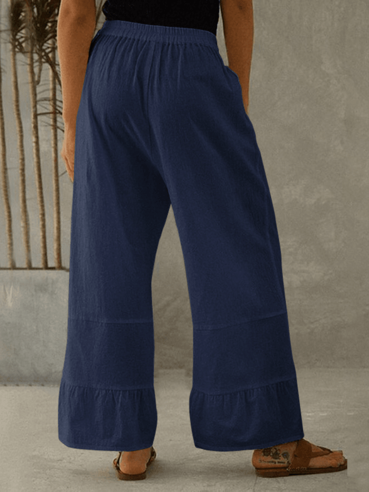 Women Cotton Plain Ruffle Cuff Elastic Waist Loose Casual Solid Wide Leg Pants - MRSLM