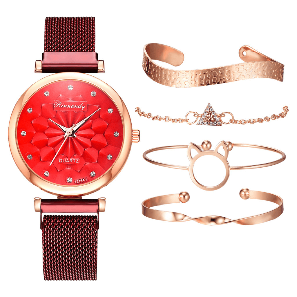 5 PCS Combination Women Bracelet Watch Set Flower Dial Mesh Steel Band Quartz Watch - MRSLM