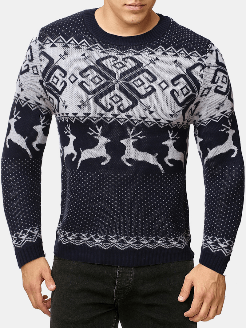 Mens Christmas Style Elk Graphics round Neck Long Sleeve Warm Knitted Sweaters - MRSLM