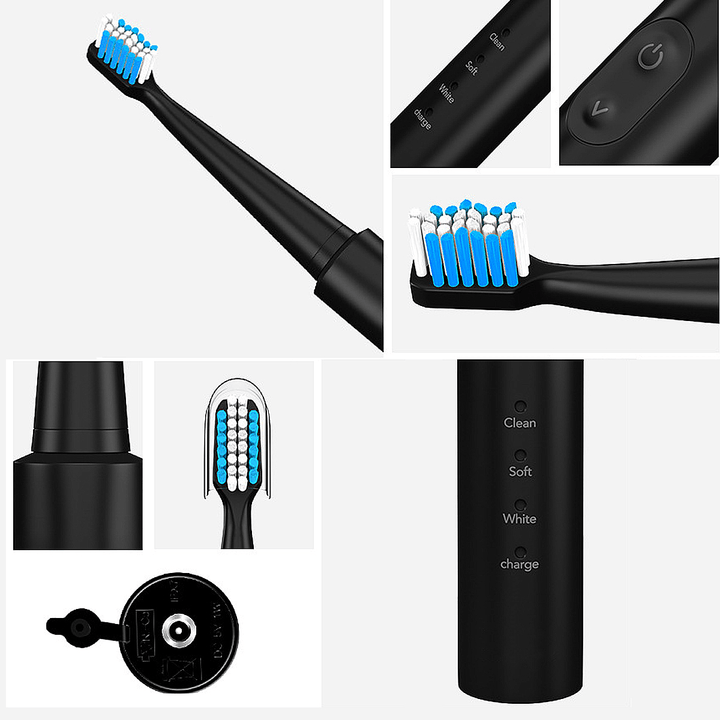 Travel Rechargeable Ultrasonic Electric Toothbrush Waterproof 3 Cleaning Mode Teeth Clean+ 4 Heads - MRSLM