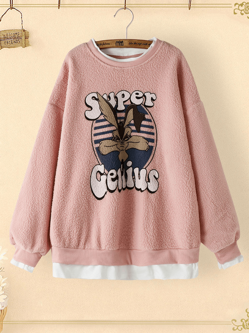 Cartoon Print Stitching Hem Teddy round Neck Casual Cute Sweatshirt - MRSLM