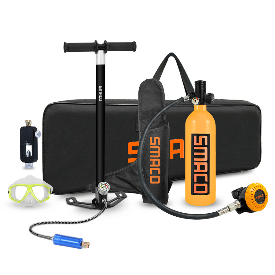 SMACO S400+ Protable 1L Scuba Diving Tank Equipment Set with Hand Pump Underwater Oxygen Tank + 360° Rotatable Joint - MRSLM