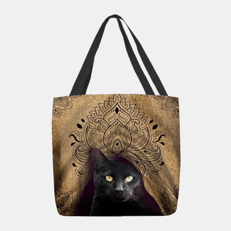 Women Canvas Cute Black Cat Pattern Handbag Tote Shoulder Bag - MRSLM