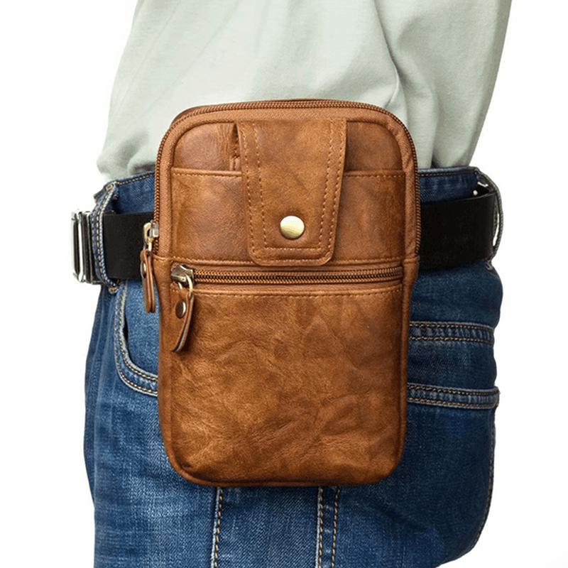 Men Genuine Leather Double Zipper Waist Bag Crossbody Bag - MRSLM