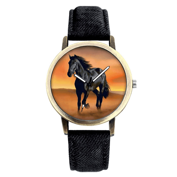 Casual Black Horse Desert Dial All-Match Denim Strap Men Quartz Watch Wristwatch - MRSLM