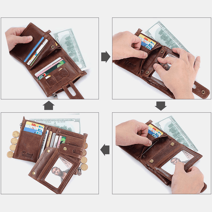 Men Retro Genuine Leather RFID Blocking Wallet 15 Card Slots Zipper Wallet - MRSLM