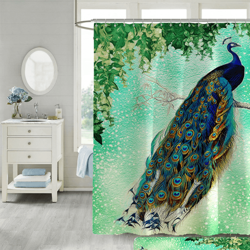 4Pcs Peacock Print Shower Curtain Floor Mat Bathroom Mat Bath Creat Decor - MRSLM