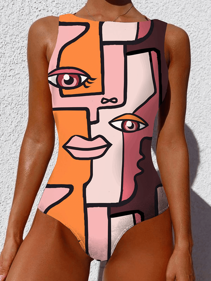 Abstract Figure Print Open Back Sleeveless One Piece Beach Swimwear for Women - MRSLM