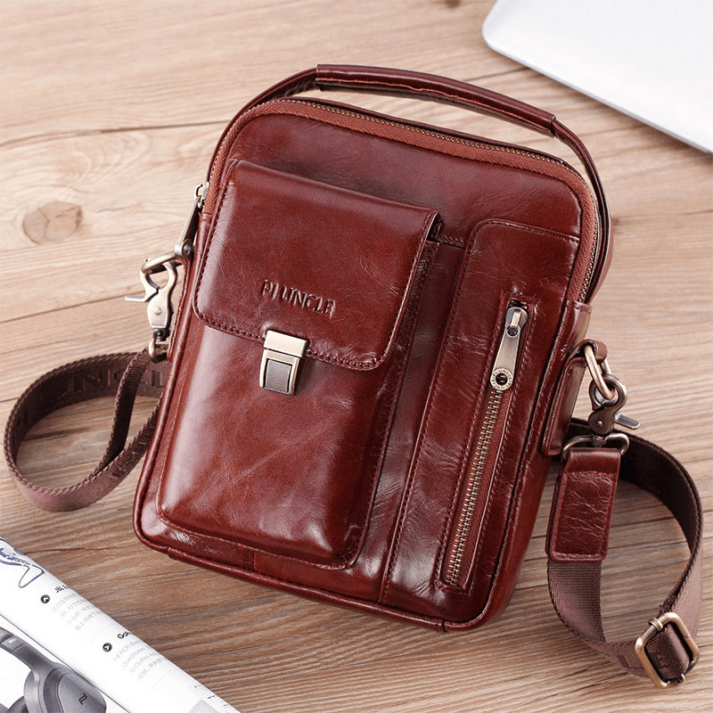 Men Genuine Leather Cowhide Multi-Function Large Capacity Crossbody Bag Shoulder Bag - MRSLM