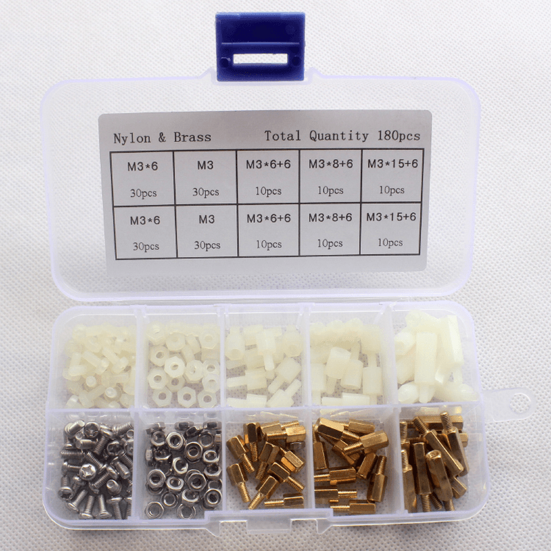 Suleve M3BN6 180Pcs M3 Nut Screw Standoff Set Nylon Stainless Steel Brass Hex Standoff Nut Screw Set Assortment Kit with Storage Box - MRSLM