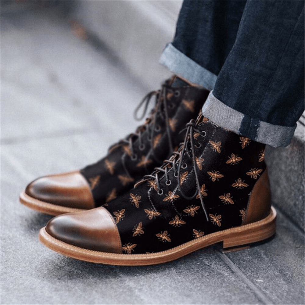 Men British Style Cap Toe Splicing Bees Printed Cloth Ankle Jack Boots - MRSLM