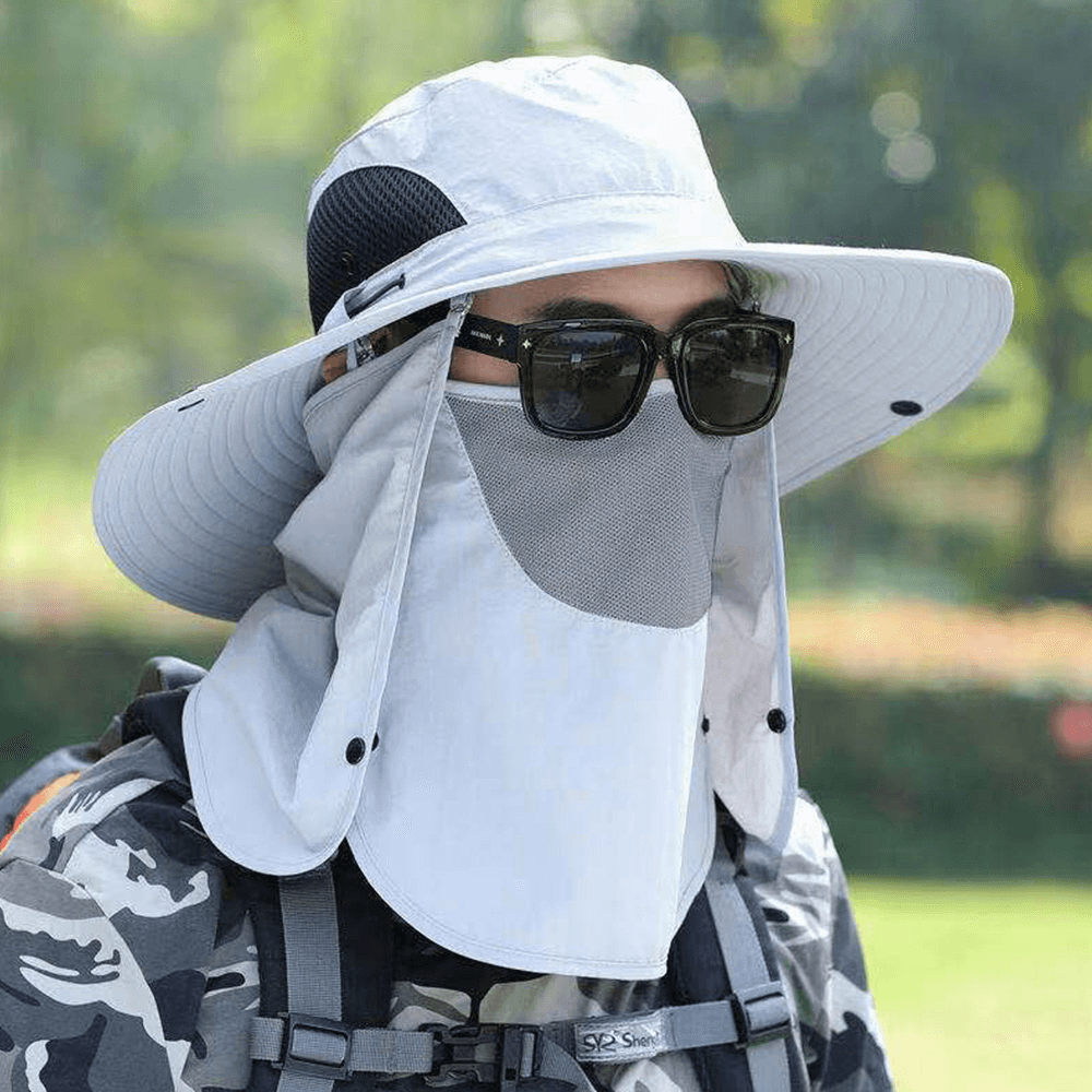 Unisex Big Brim Dual-Use Windproof Rope Mask Curtain Cover Face Summer Outdoor Fishing 360 Degree Sunshade Bucket Hat - MRSLM