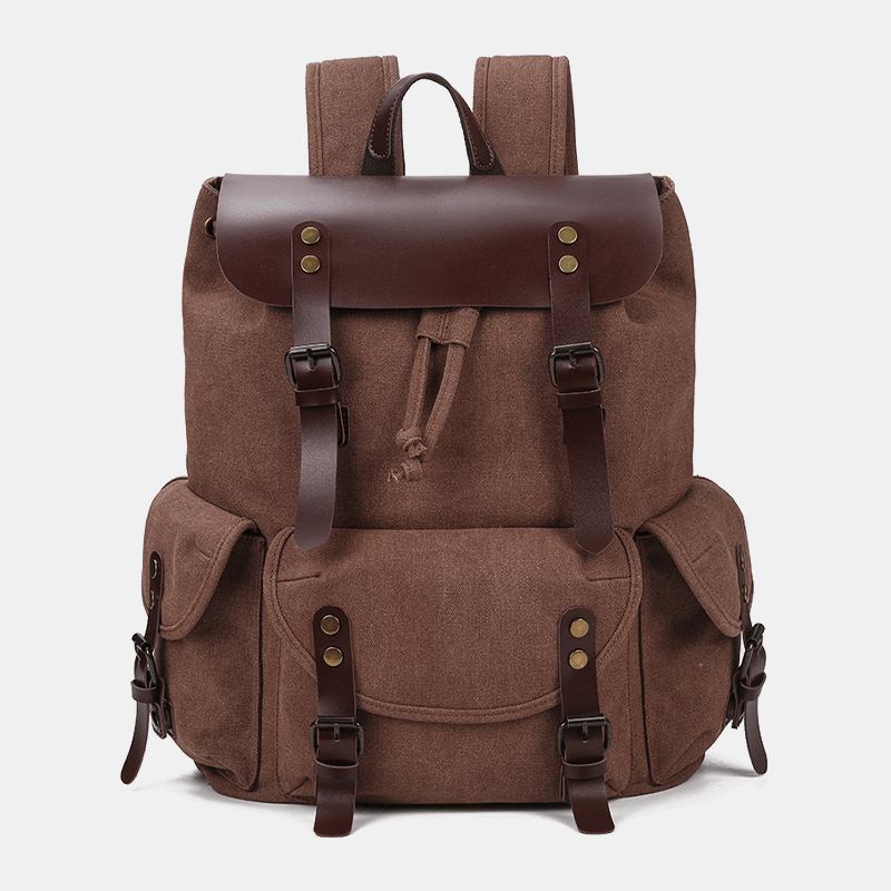 Men Oil Wax Canvas Casual Waterproof Multi-Pocket Backpack Large Capacity 15.6 Inch Laptop Bag Shoulder Bag - MRSLM