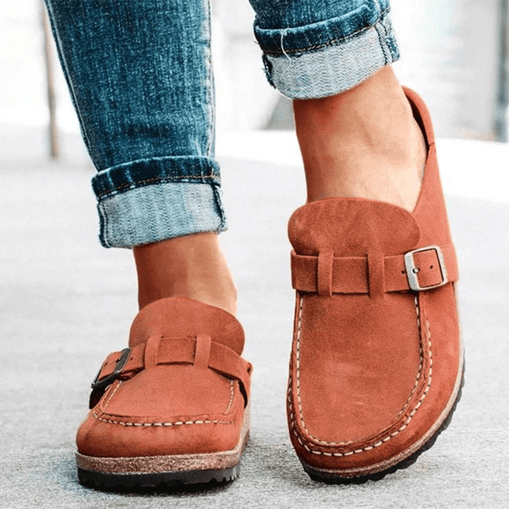 Women Casual Comfy Suede Large Size round Toe Backless Flats - MRSLM