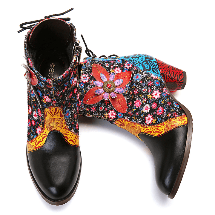 Women Retro Leaf Flower Leather Comfy Zipper Ankle Boots - MRSLM