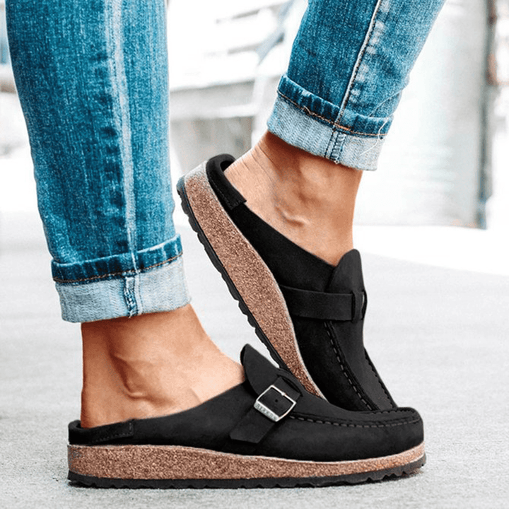 Women Casual Comfy Suede Large Size round Toe Backless Flats - MRSLM