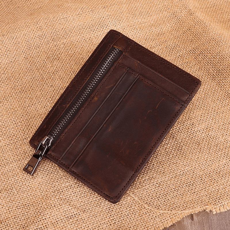 Men Genuine Leather Viintage RFID Blocking Anti-Theft Thin Cash Wallet Zipper Coin Bag - MRSLM