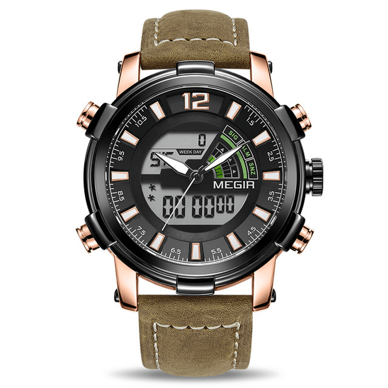 MEGIR 2089 Military Sport Style LED Chronograph Luminous Dual Display Digital Watch Leather Men Wrist Watch - MRSLM