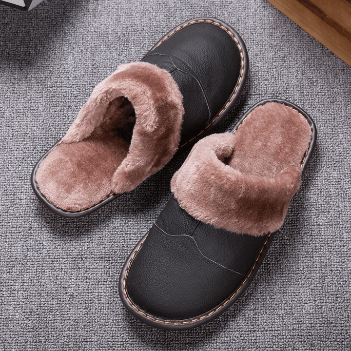 Men First Layer Cowhide Non-Slip Warmeh round Toe Slip-On Comfy Cotton Slippers - MRSLM