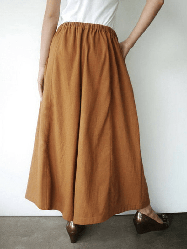 Women Cotton Solid Color Side Pockets Front Fork Wide Leg Pants - MRSLM